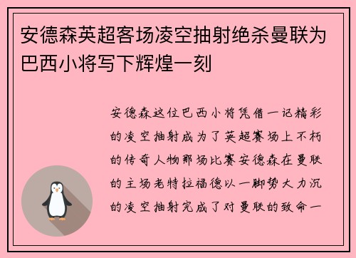 安德森英超客场凌空抽射绝杀曼联为巴西小将写下辉煌一刻 安德森英超客场凌空抽射绝杀曼联为巴西小将写下辉煌一刻