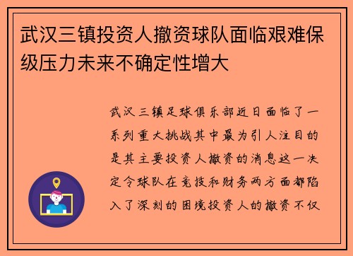 武汉三镇投资人撤资球队面临艰难保级压力未来不确定性增大